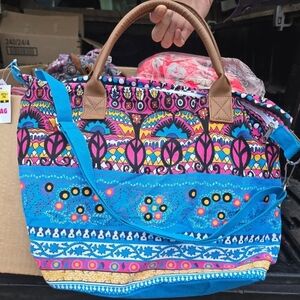 Boho Patterned Blue Tote Bag with Brown Handles